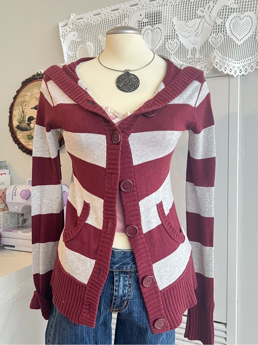 Y2K Aeropostale burgundy and cream striped cardigan with hood and pockets